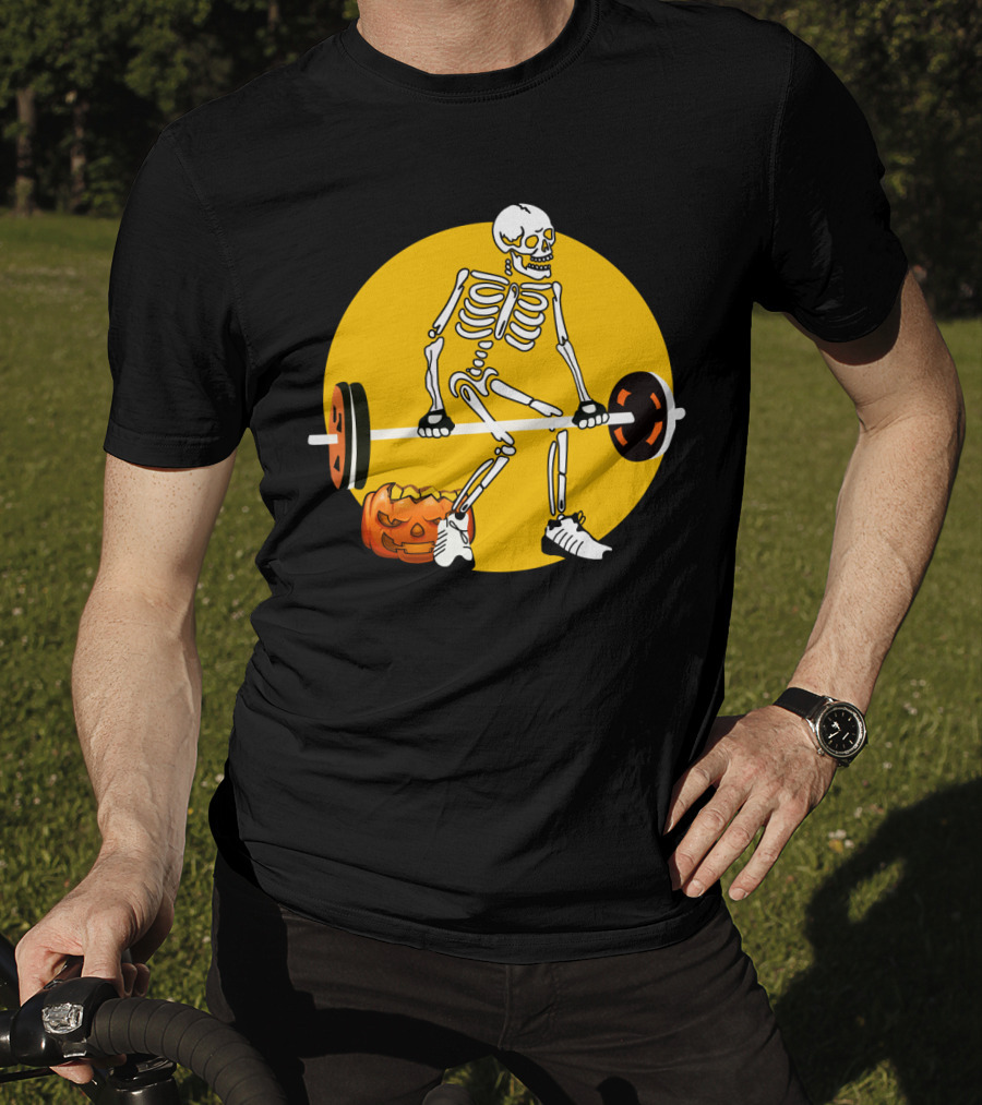 Skeleton Lifting Barbell With Pumpkin Halloween T-Shirt