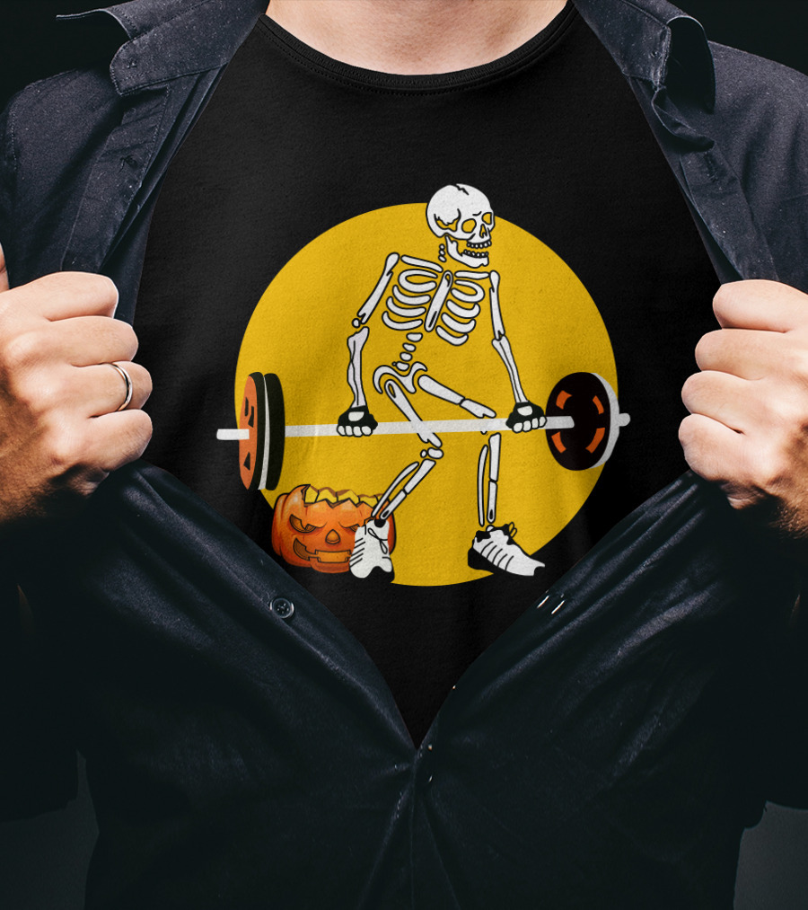 Skeleton Lifting Barbell With Pumpkin Halloween T-Shirt