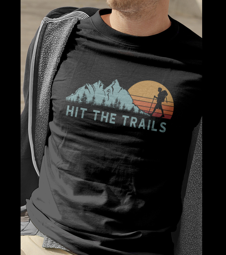 Hit The Trails Mountains Hiking Silhouette Sunset T-Shirt
