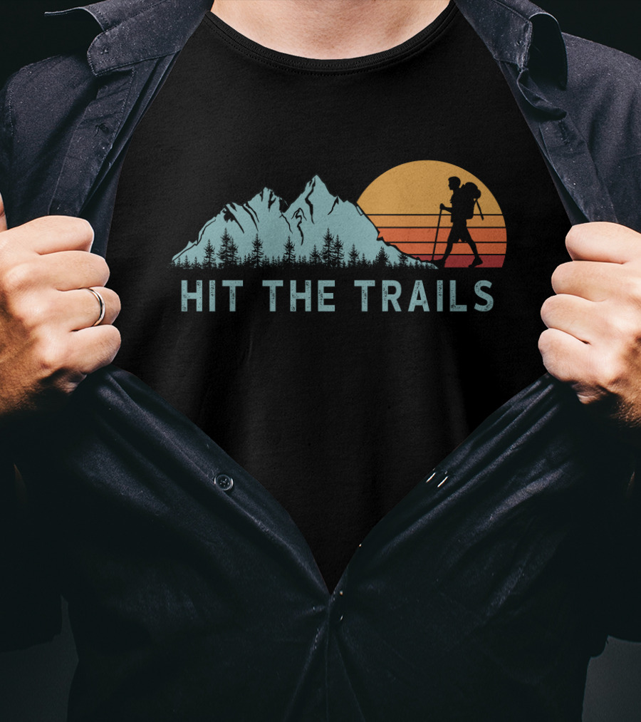 Hit The Trails Mountains Hiking Silhouette Sunset T-Shirt