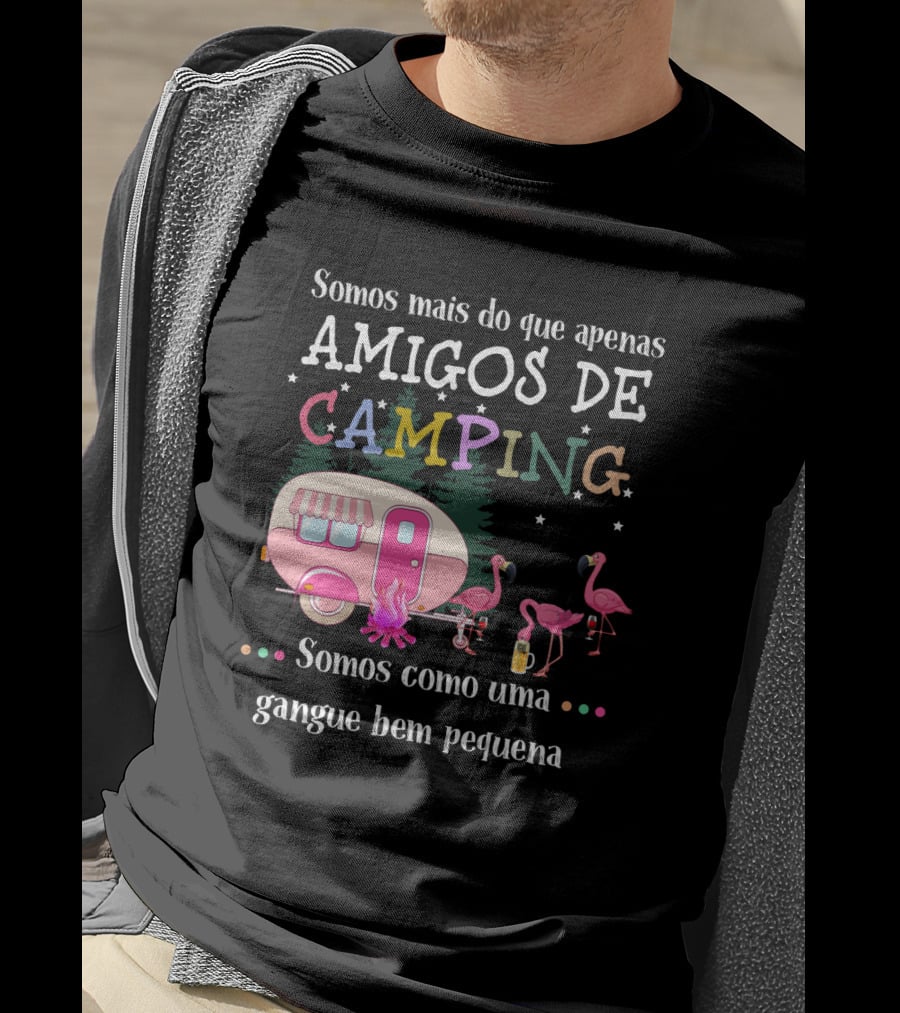 Somos Mais Do Que Apenas Amigos De Camping Somos Como Uma Gangue Bem Pequena Flamingo Caravana Estrelas Fogueira T-Shirt