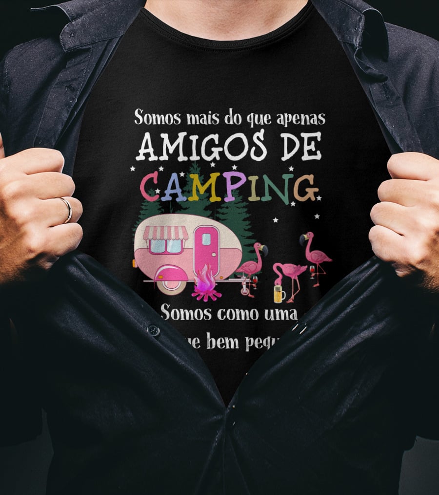 Somos Mais Do Que Apenas Amigos De Camping Somos Como Uma Gangue Bem Pequena Flamingo Caravana Estrelas Fogueira T-Shirt