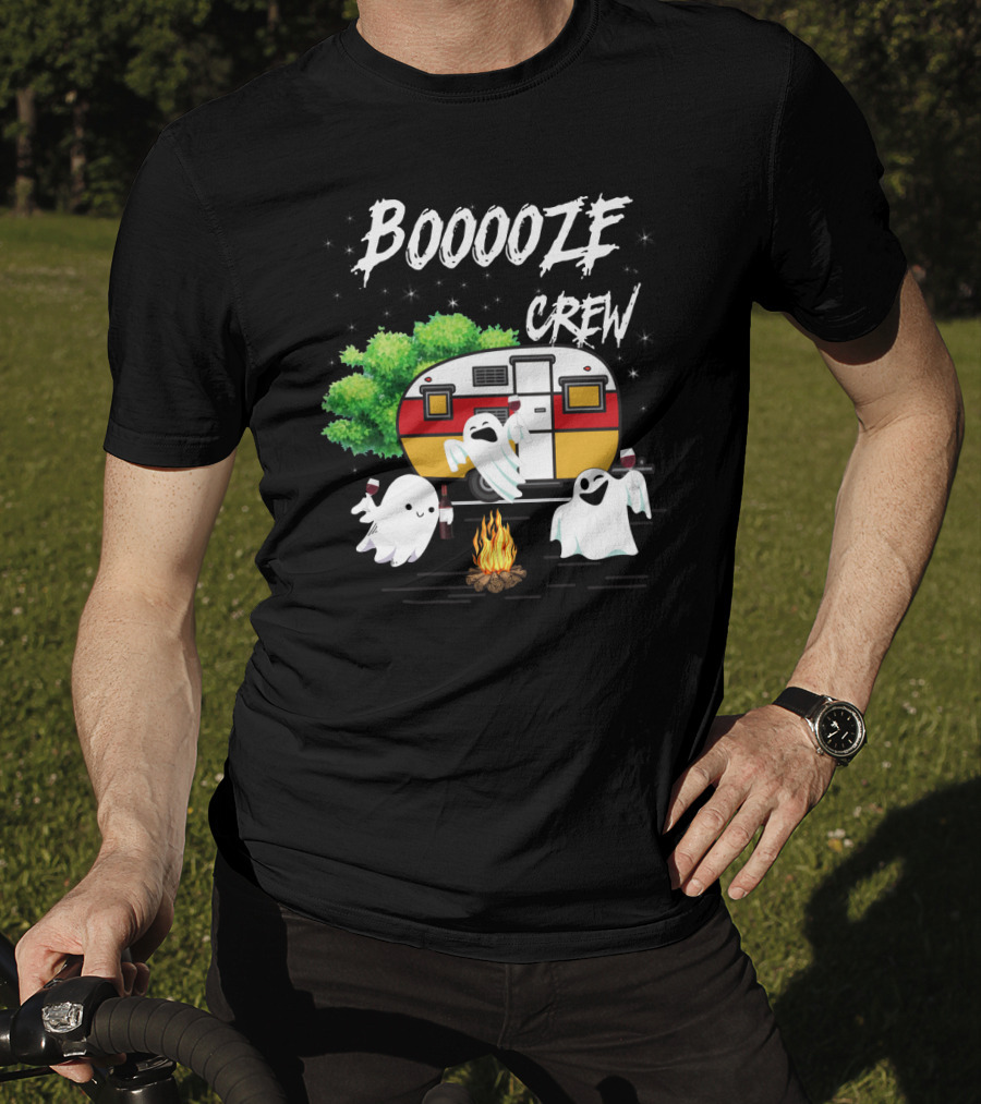 Booooze Crew Ghost Camping With Campfire Caravan And Wine Glasses T-Shirt