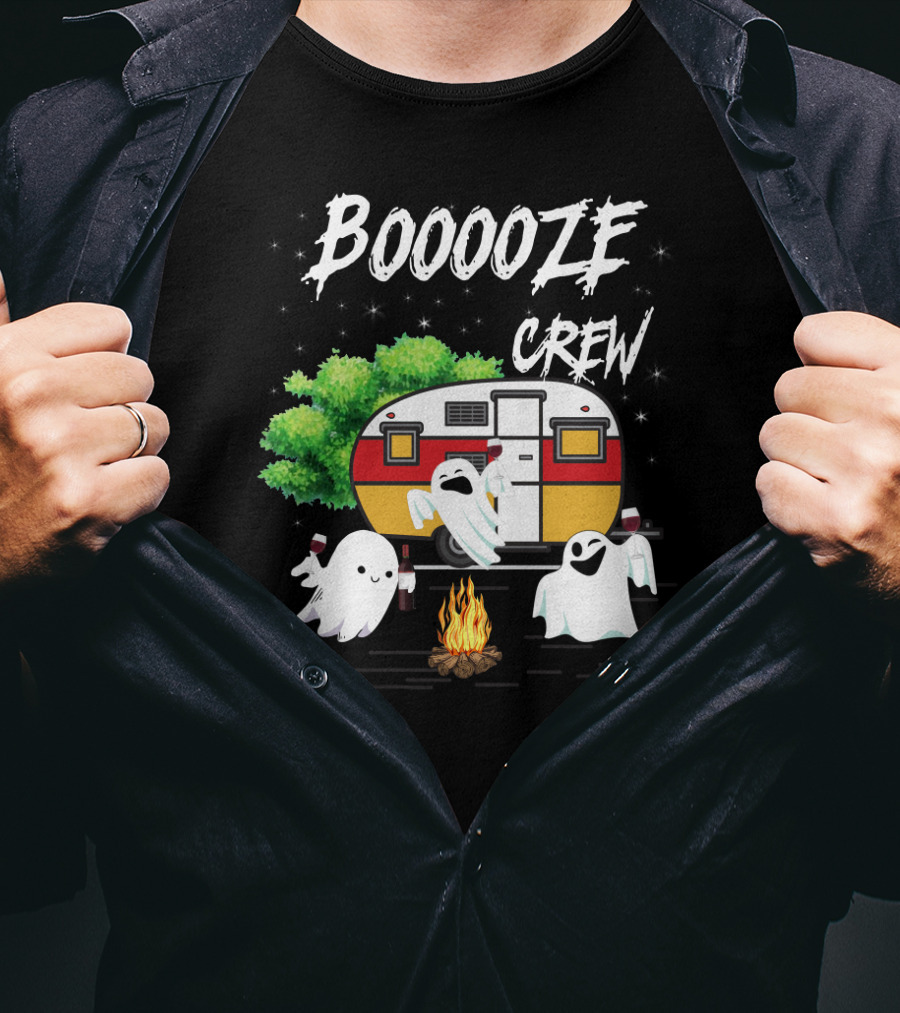 Booooze Crew Ghost Camping With Campfire Caravan And Wine Glasses T-Shirt