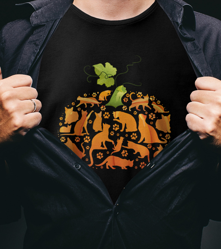 Cat Pumpkin Silhouette With Paws In Pumpkin Shape T-Shirt