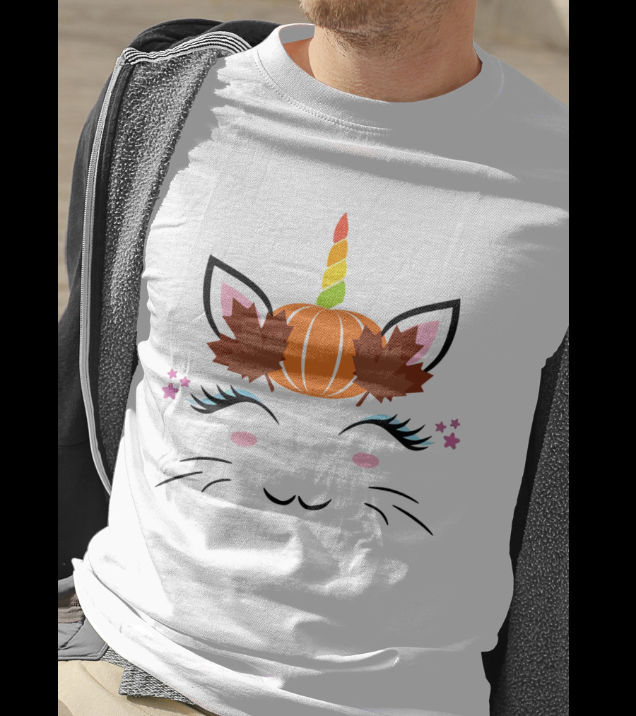 Caticorn Pumpkin Halloween Cat Unicorn Lover Fall Leaves T-Shirt