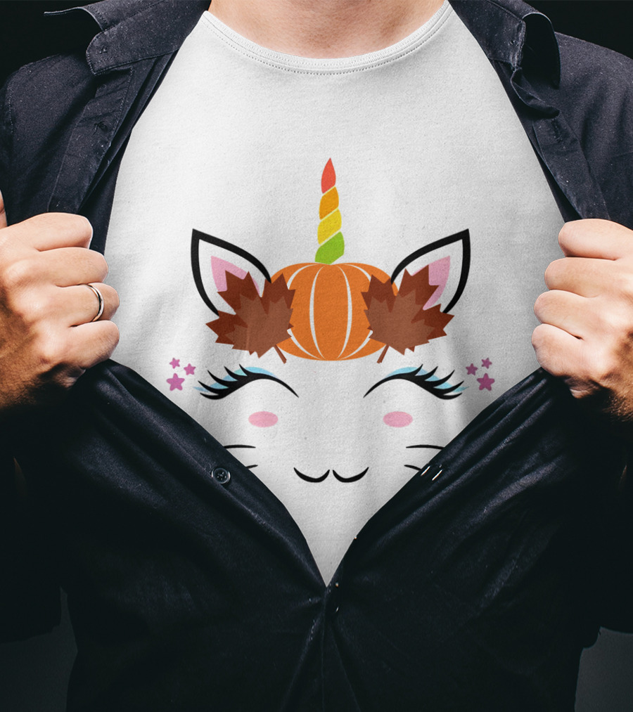 Caticorn Pumpkin Halloween Cat Unicorn Lover Fall Leaves T-Shirt