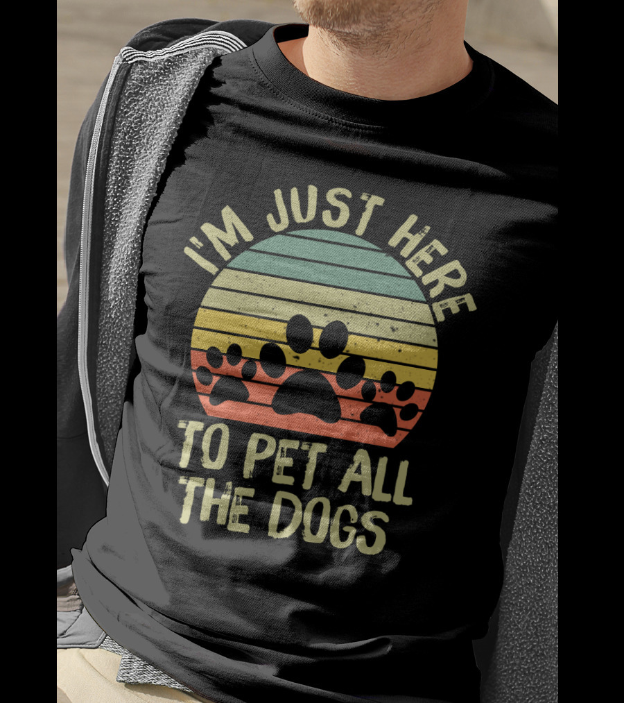 I'm Just Here To Pet All The Dogs Retro Paw Print Stripes T-Shirt