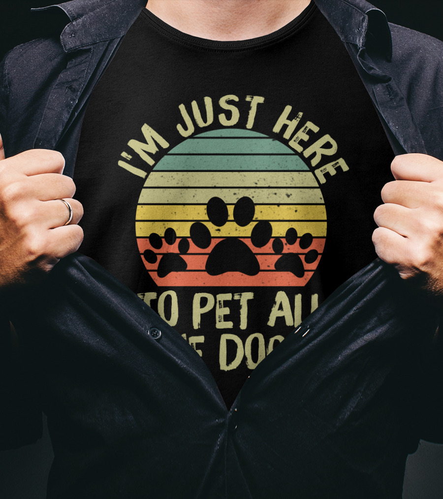 I'm Just Here To Pet All The Dogs Retro Paw Print Stripes T-Shirt