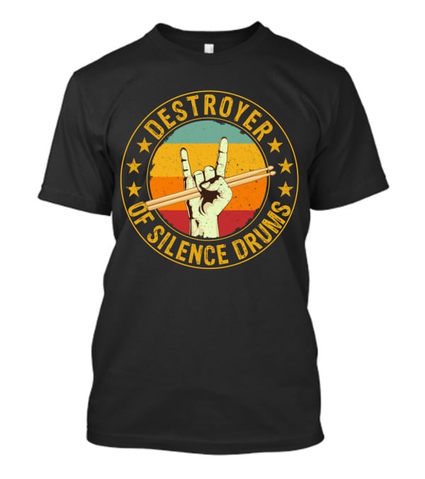 Destroyer Of Silence Drums Rock Hand Gesture Stars Retro Stripes T-Shirt
