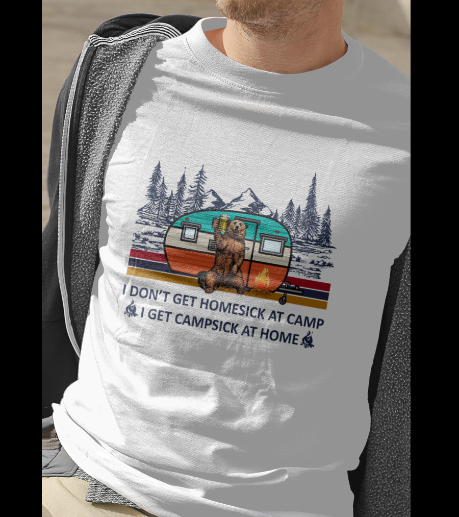 I Don't Get Homesick At Camp I Get Campsick At Home Bear Drinking Beer Camper Mountain Pines T-Shirt