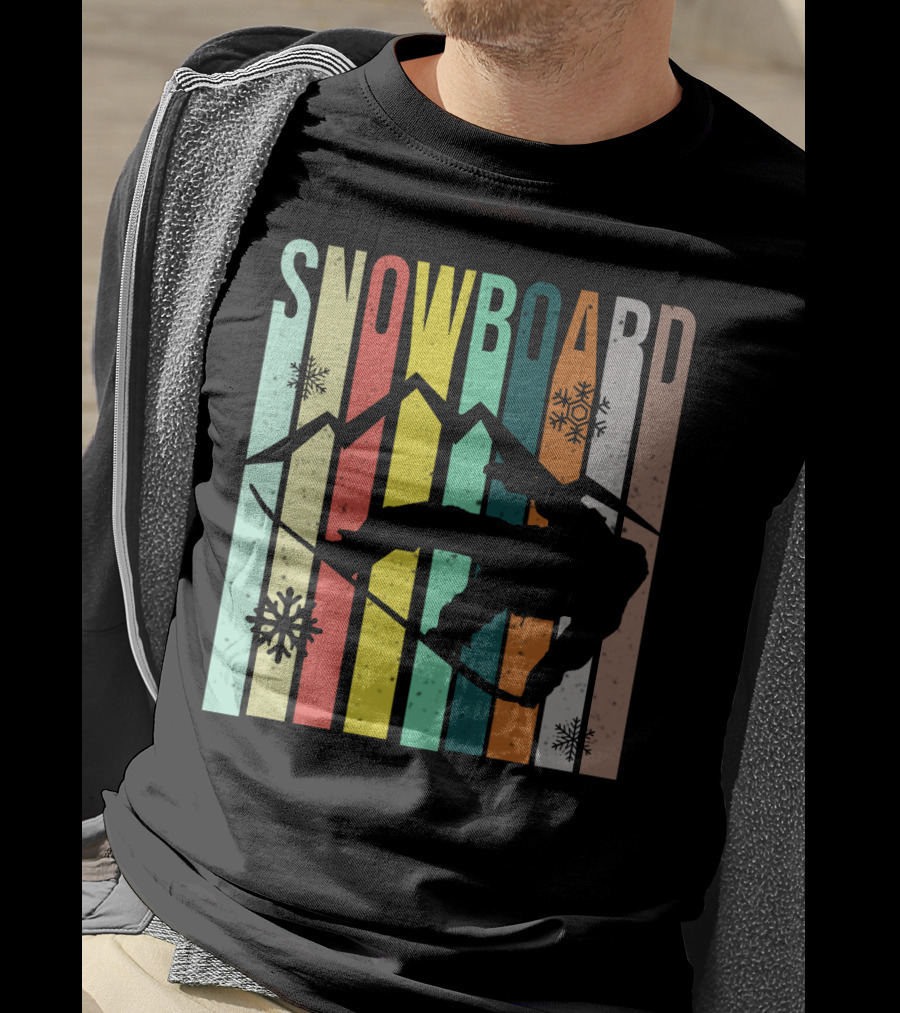 Snowboard Snowboarding Retro Mountain Silhouette Snowflakes T-Shirt