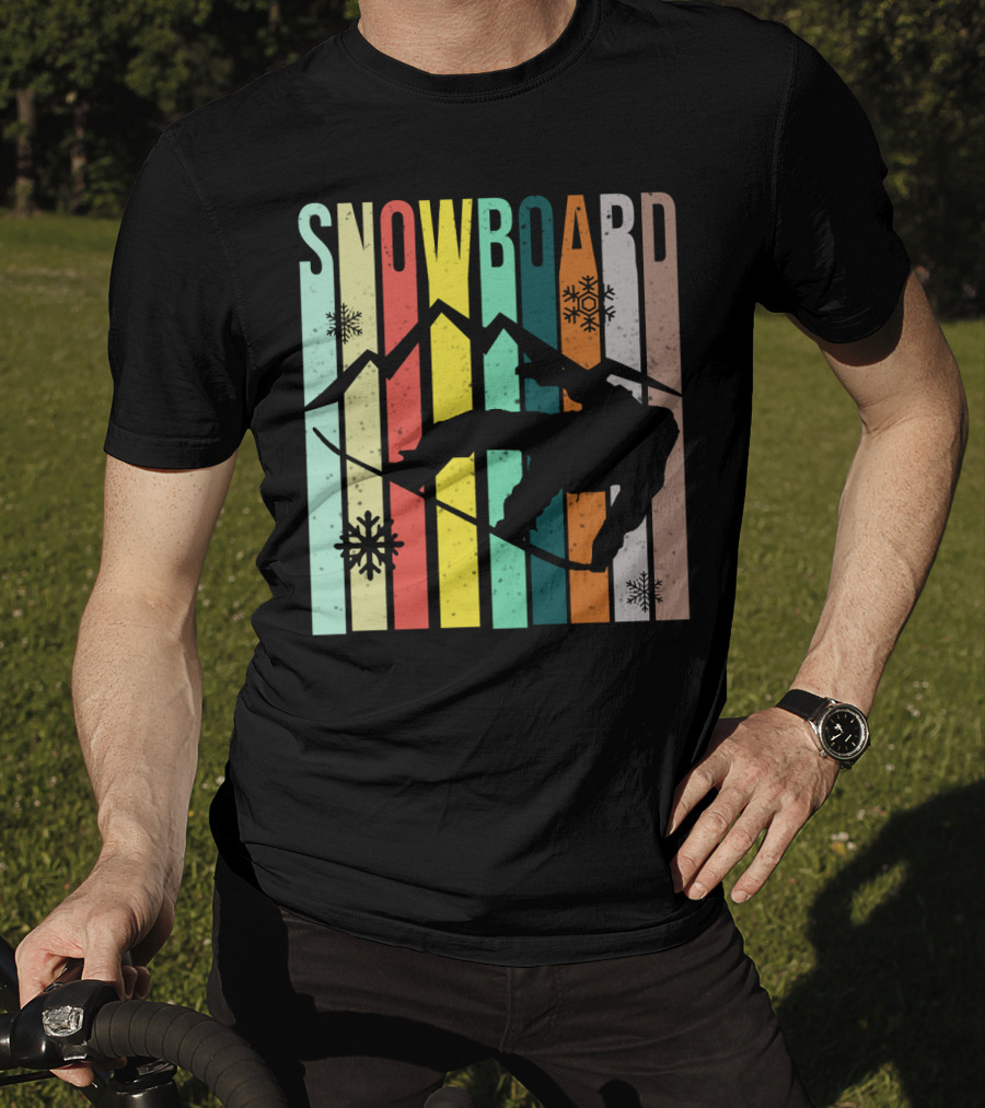 Snowboard Snowboarding Retro Mountain Silhouette Snowflakes T-Shirt