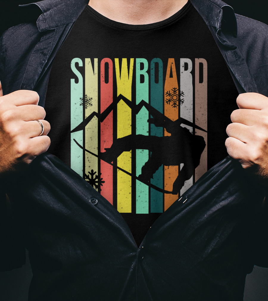Snowboard Snowboarding Retro Mountain Silhouette Snowflakes T-Shirt