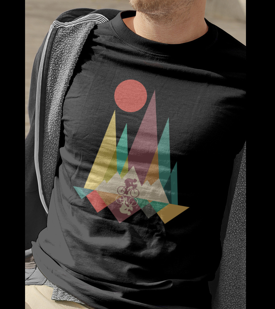 Mountain Biking Geometric Peaks And Sunburst T-Shirt