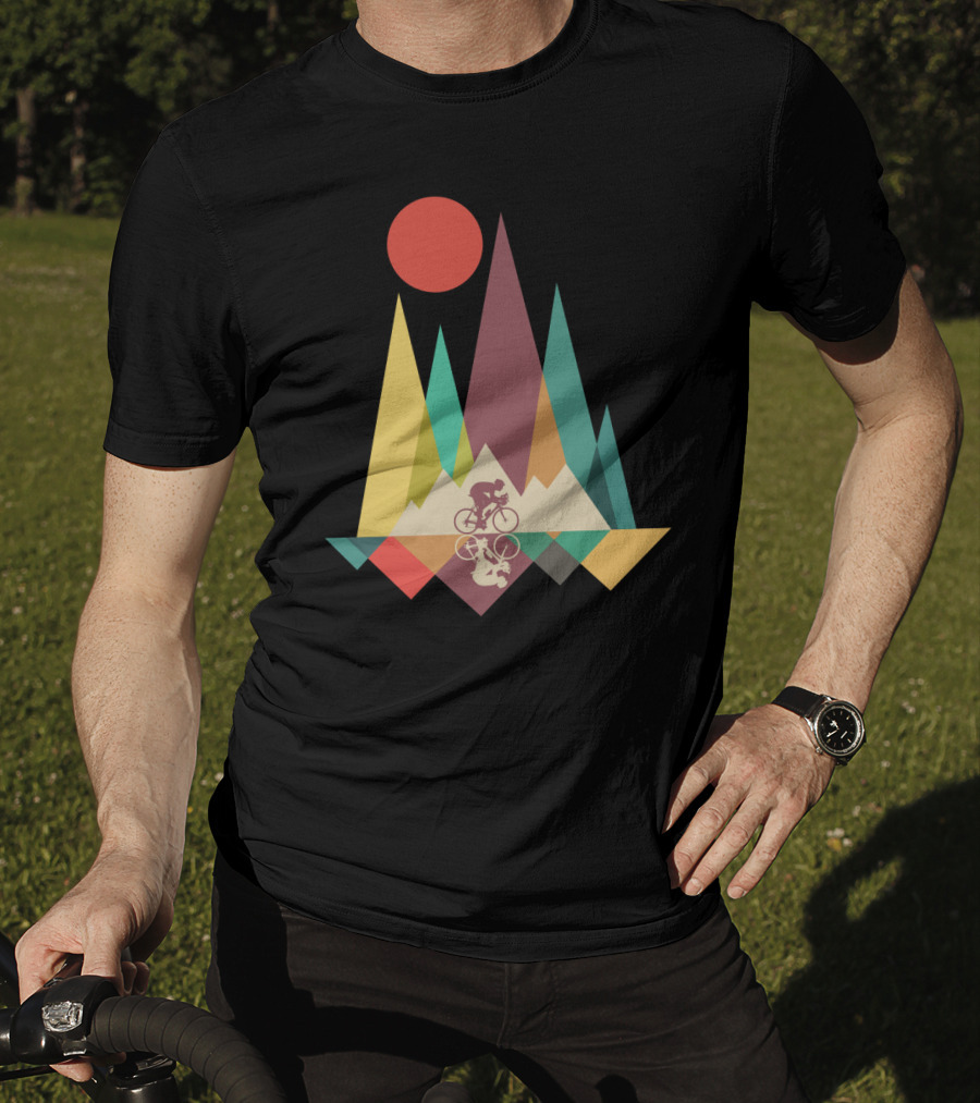 Mountain Biking Geometric Peaks And Sunburst T-Shirt