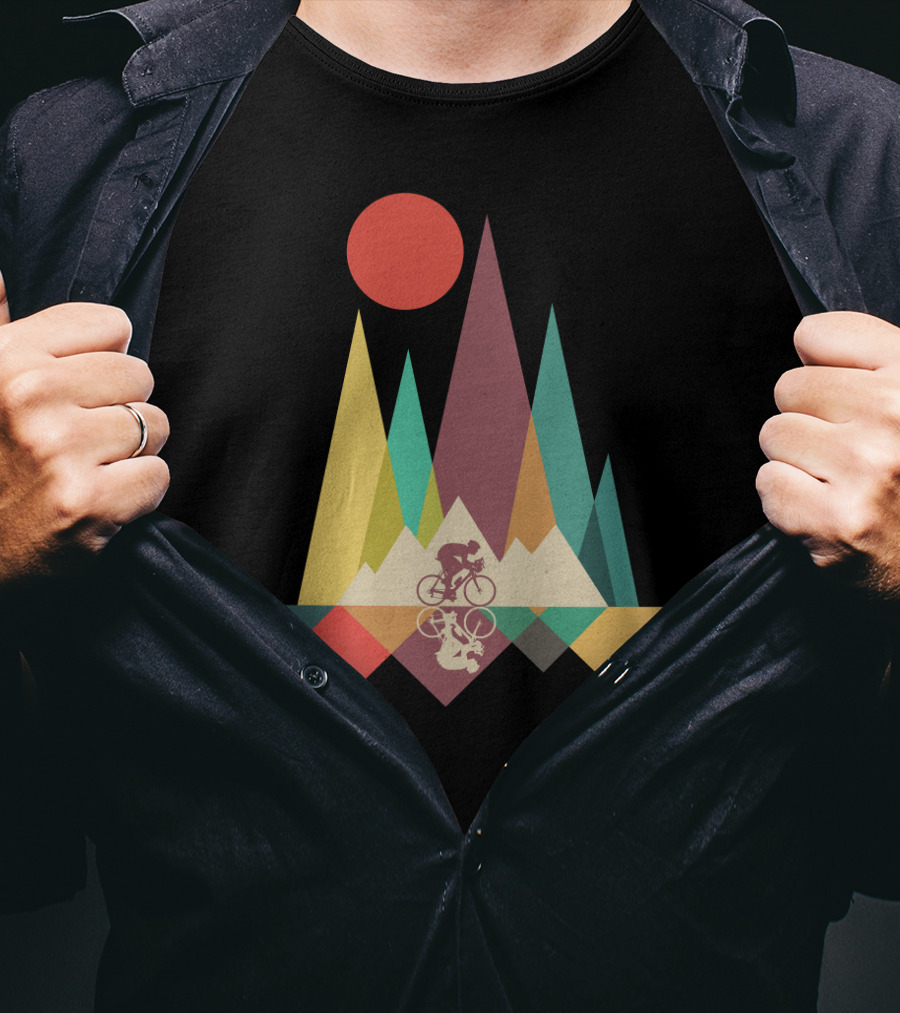 Mountain Biking Geometric Peaks And Sunburst T-Shirt