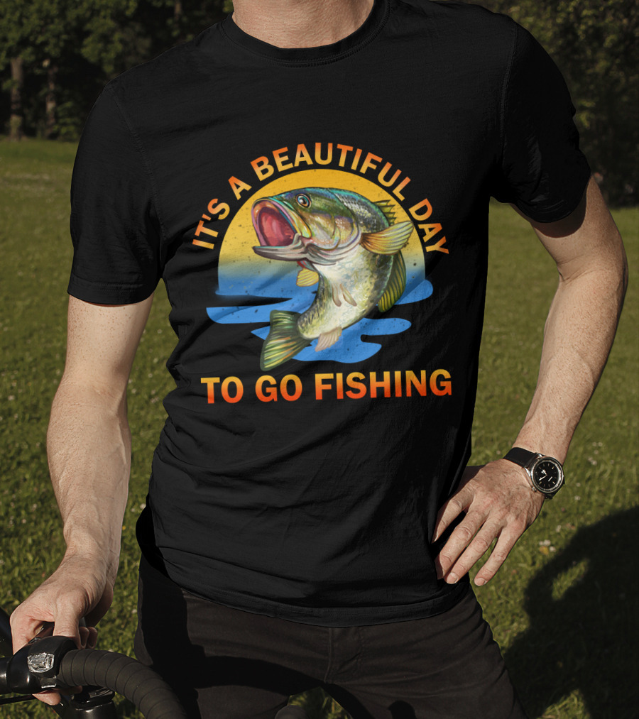 IT'S A BEAUTIFUL DAY TO GO FISHING Fish Jumping Sunset Scene T-Shirt