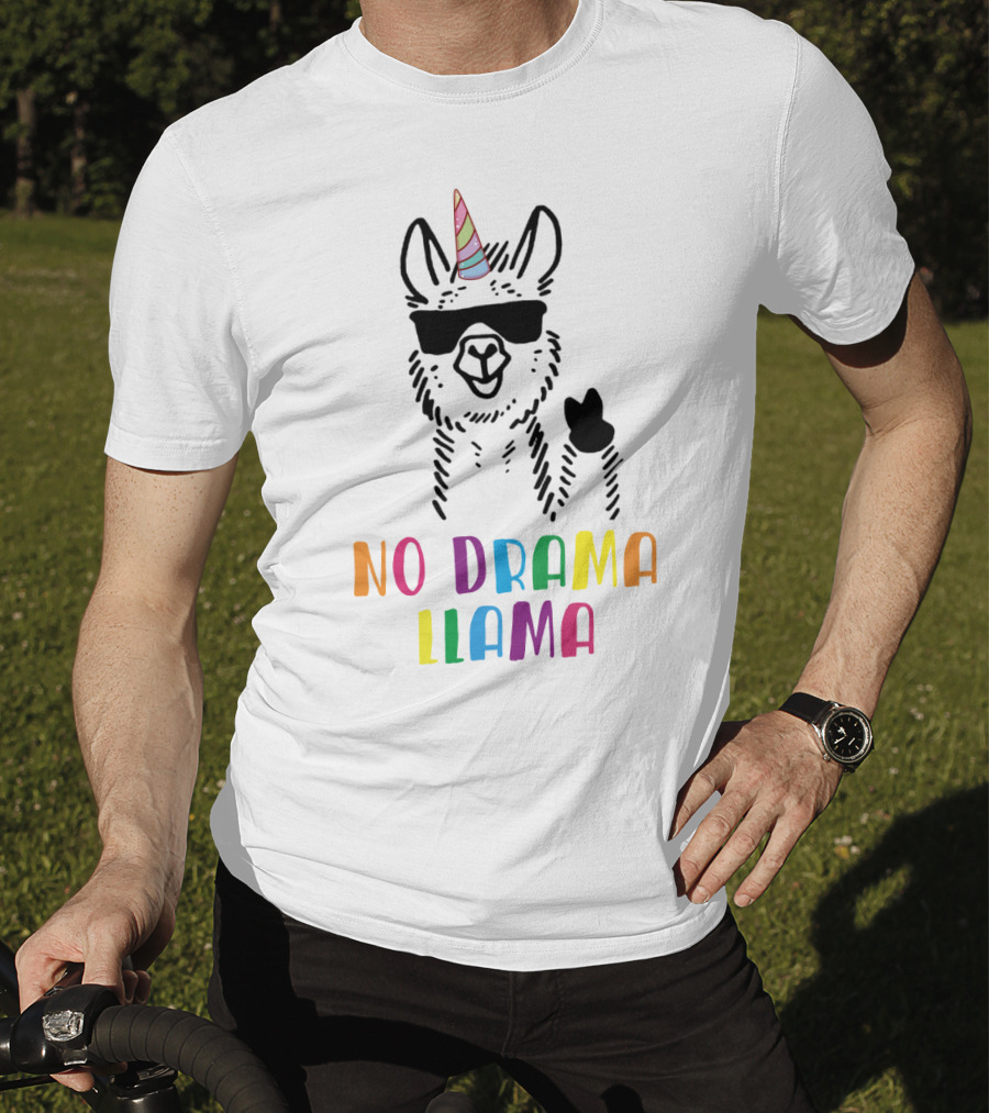 Llamacorn No Drama Llama Funny Unicorn Rainbow Text Sunglasses Peace Sign T-Shirt