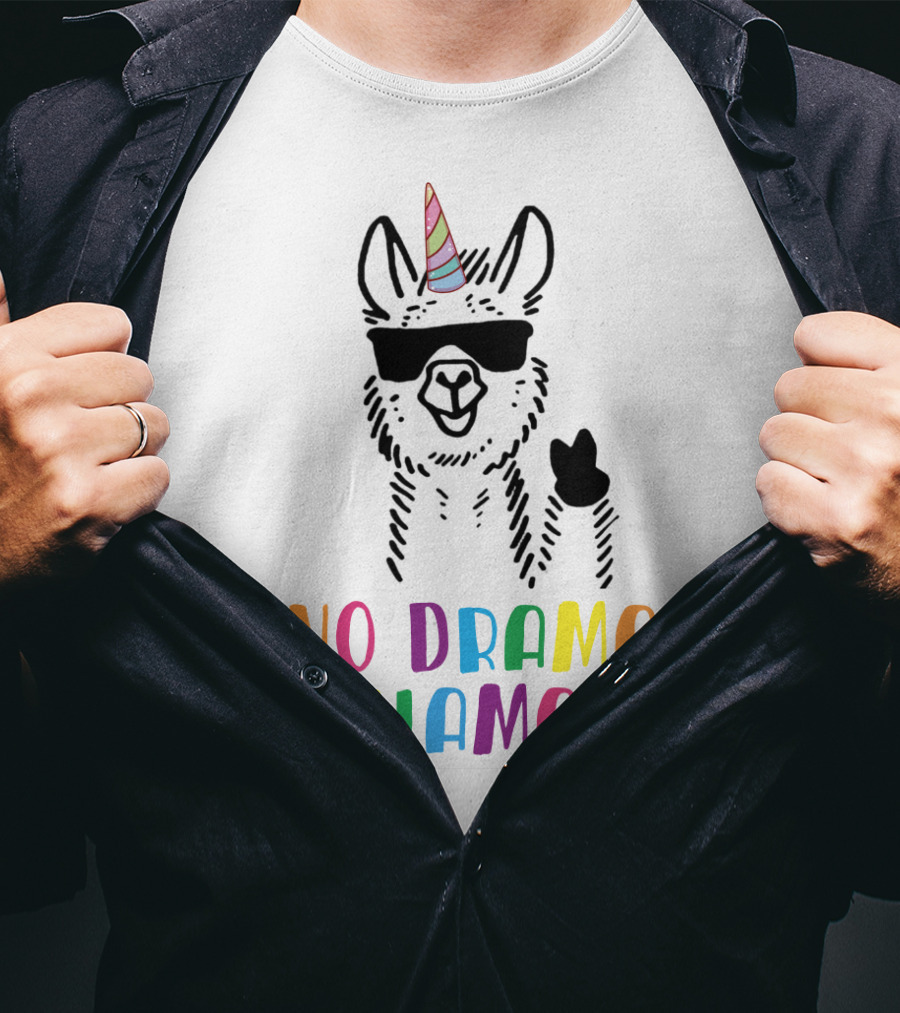 Llamacorn No Drama Llama Funny Unicorn Rainbow Text Sunglasses Peace Sign T-Shirt