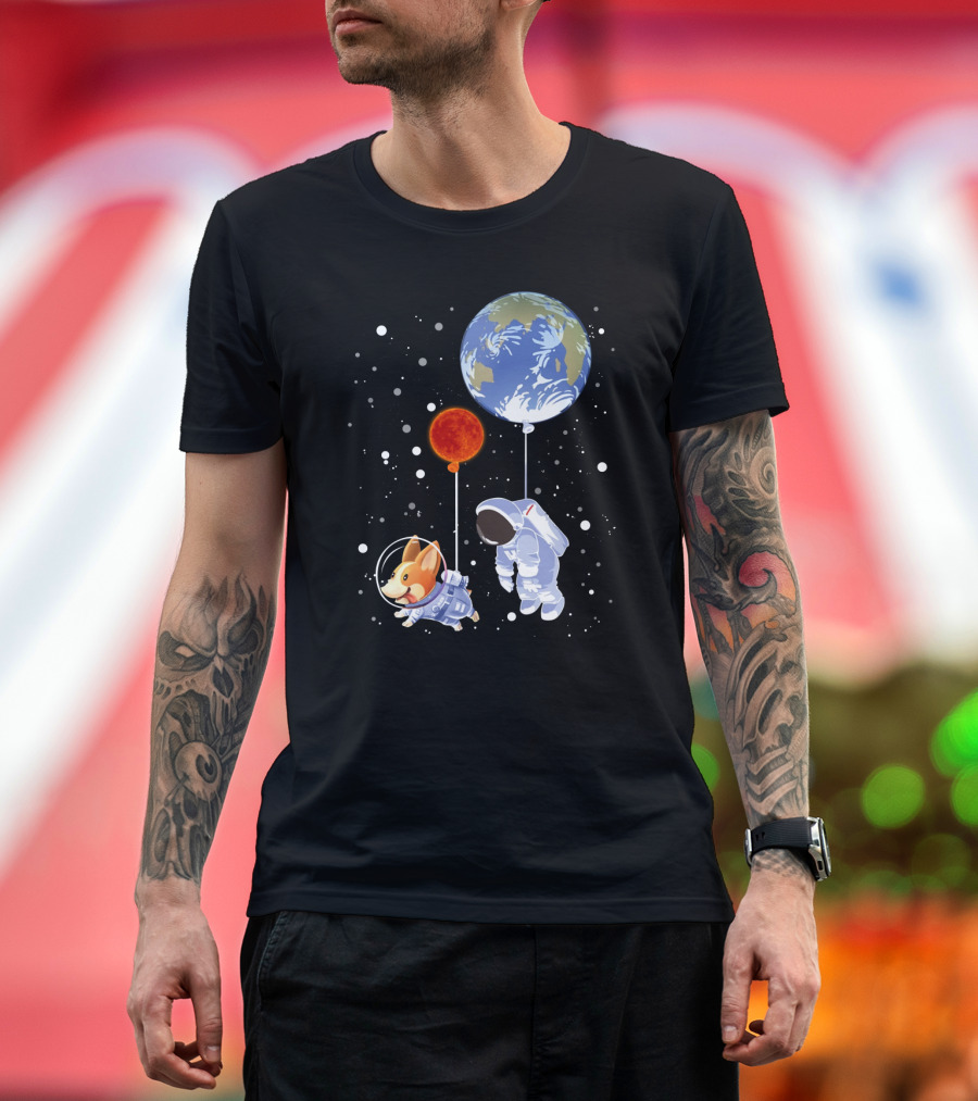 Corgi Astronaut and Human Floating with Earth and Mars Balloons in Space T-Shirt