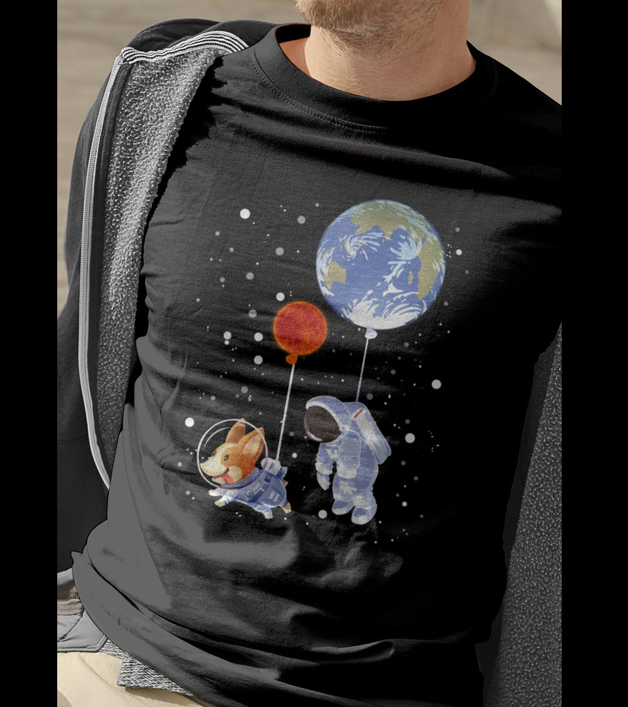 Corgi Astronaut And Human Floating With Earth And Mars Balloons In Space T-Shirt