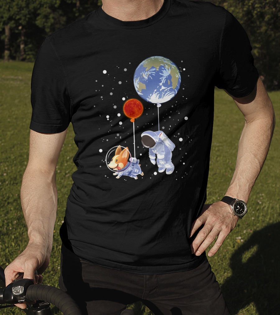 Corgi Astronaut And Human Floating With Earth And Mars Balloons In Space T-Shirt