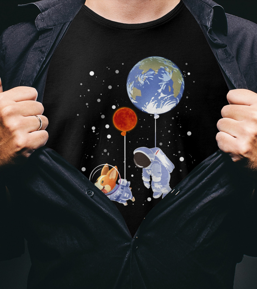 Corgi Astronaut And Human Floating With Earth And Mars Balloons In Space T-Shirt