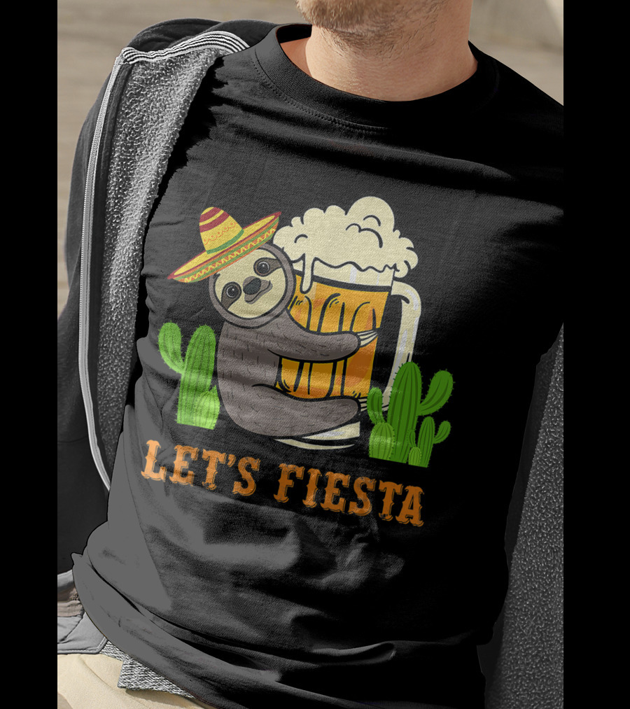 Let's Fiesta Sloth With Beer And Mexican Cactus Celebrating Cinco De Mayo T-Shirt