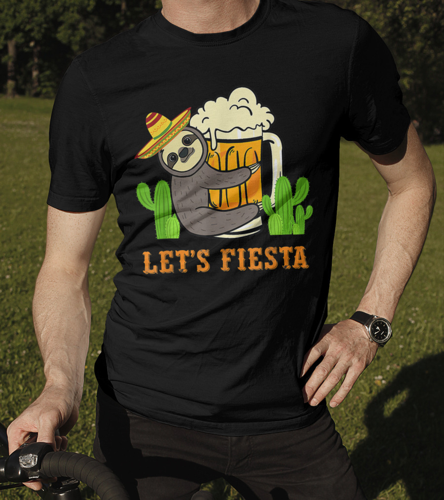Let's Fiesta Sloth With Beer And Mexican Cactus Celebrating Cinco De Mayo T-Shirt