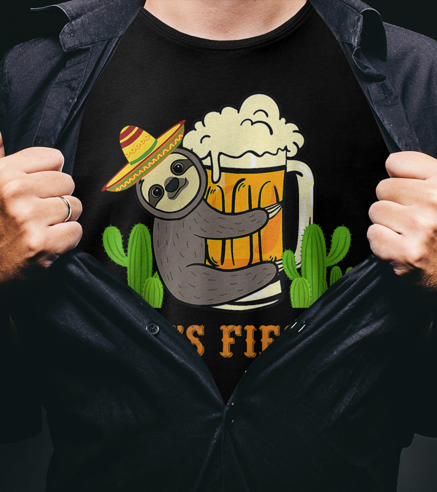 Let's Fiesta Sloth With Beer And Mexican Cactus Celebrating Cinco De Mayo T-Shirt