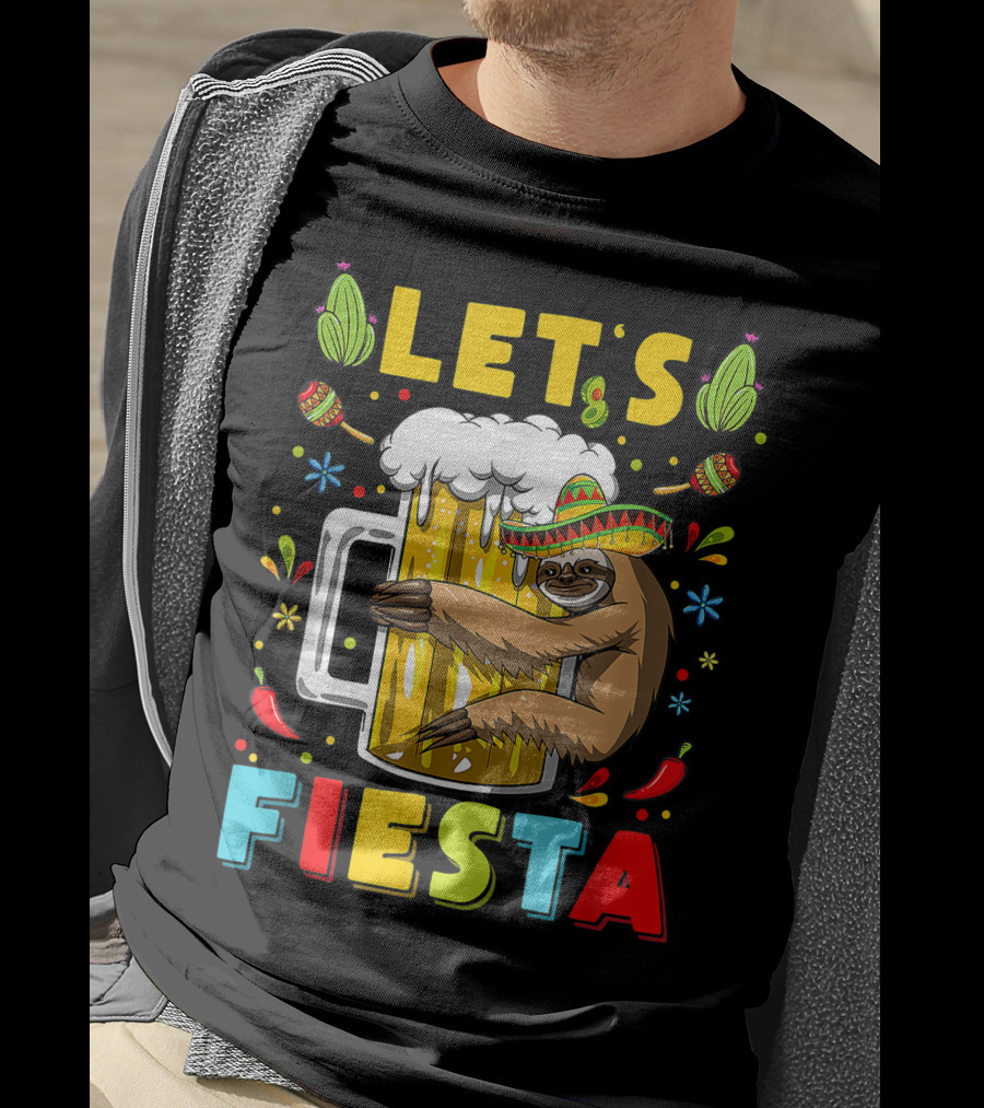 Fiesta Sloth Hugging Beer Mug With Sombrero And Mexican Decor For Cinco De Mayo T-Shirt
