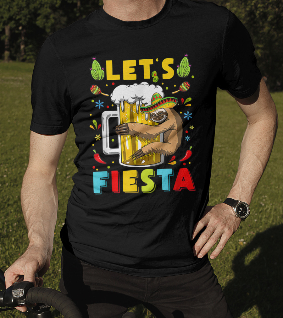 Fiesta Sloth Hugging Beer Mug With Sombrero And Mexican Decor For Cinco De Mayo T-Shirt