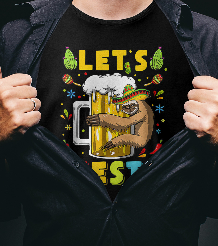 Fiesta Sloth Hugging Beer Mug With Sombrero And Mexican Decor For Cinco De Mayo T-Shirt