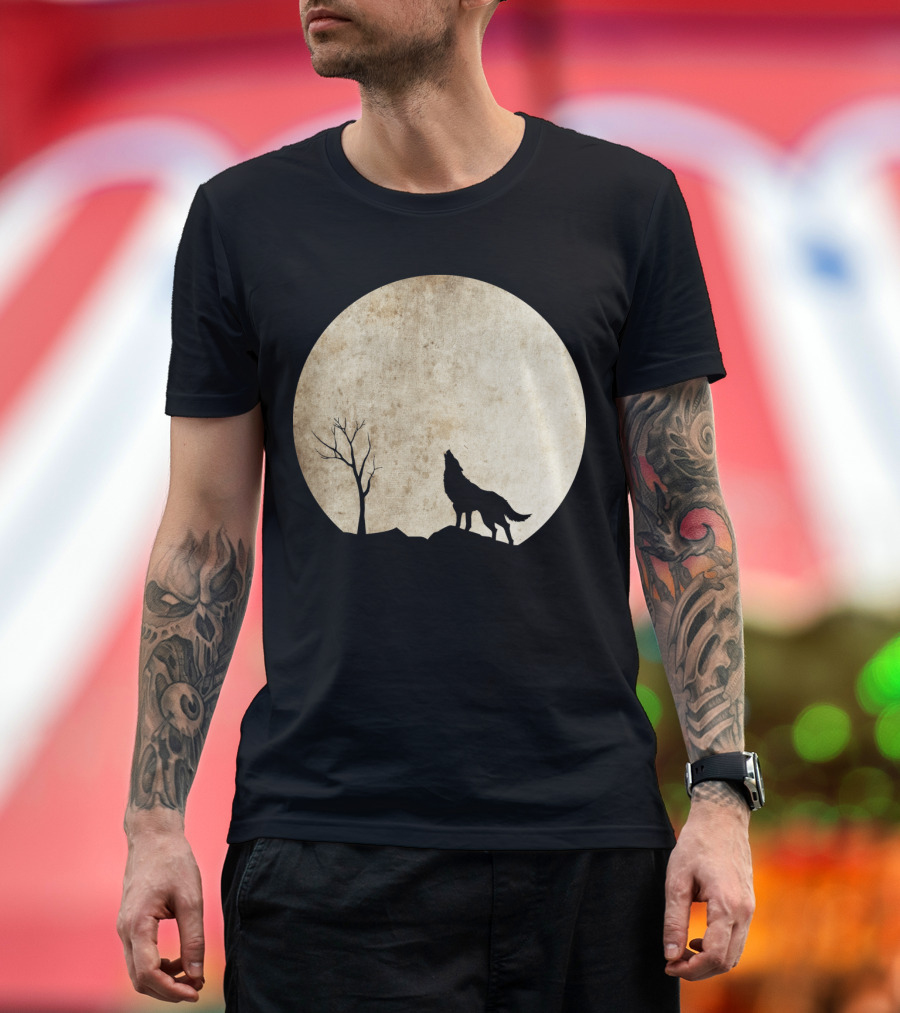 Wolf Howling at Full Moon Night T-Shirt