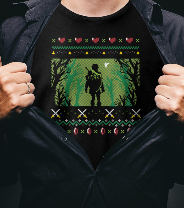 Legend Of Zelda Link Forest Pixel Art Hearts Swords Rupees T-Shirt