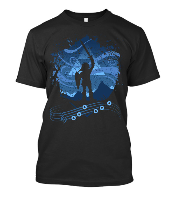Song Of Storms Legend Of Zelda Link Silhouette With Musical Notes And Sword Uplifted T-Shirt