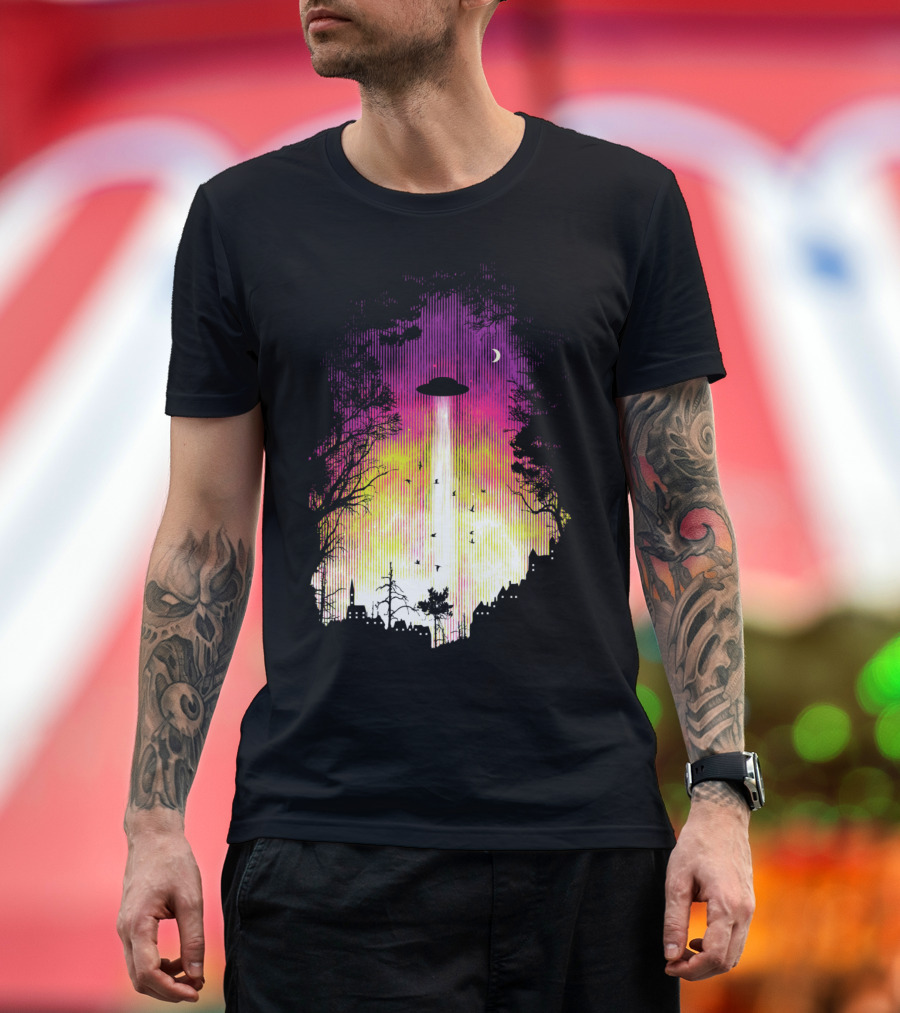 Alienation Radiation UFO Cityscape Night Sky T-Shirt