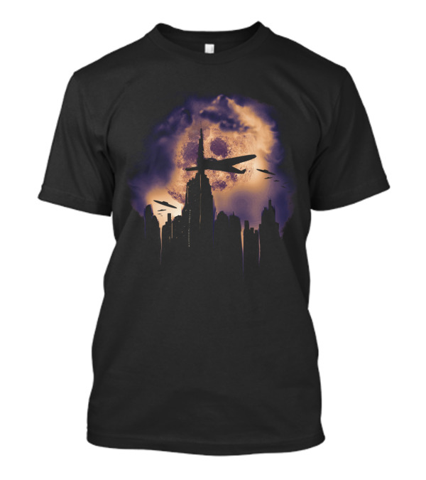 Invasion Of The Foo Fighters Cityscape Silhouette With Airplanes And Skull Moon T-Shirt
