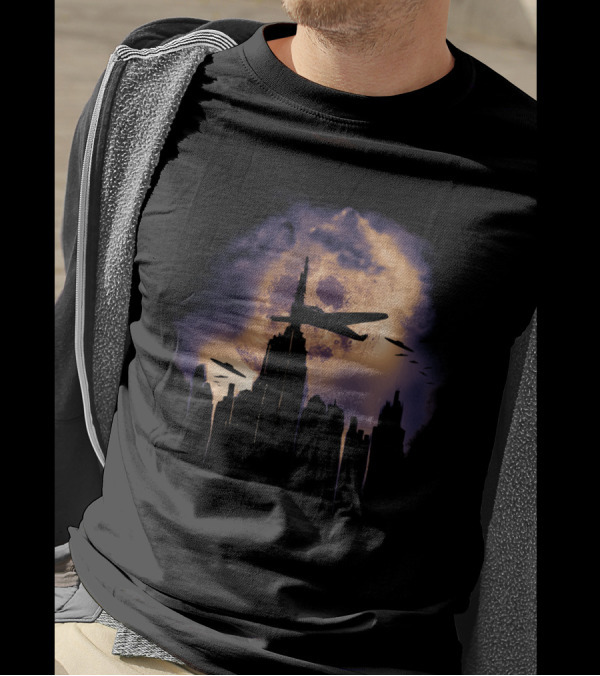 Invasion Of The Foo Fighters Cityscape Silhouette With Airplanes And Skull Moon T-Shirt