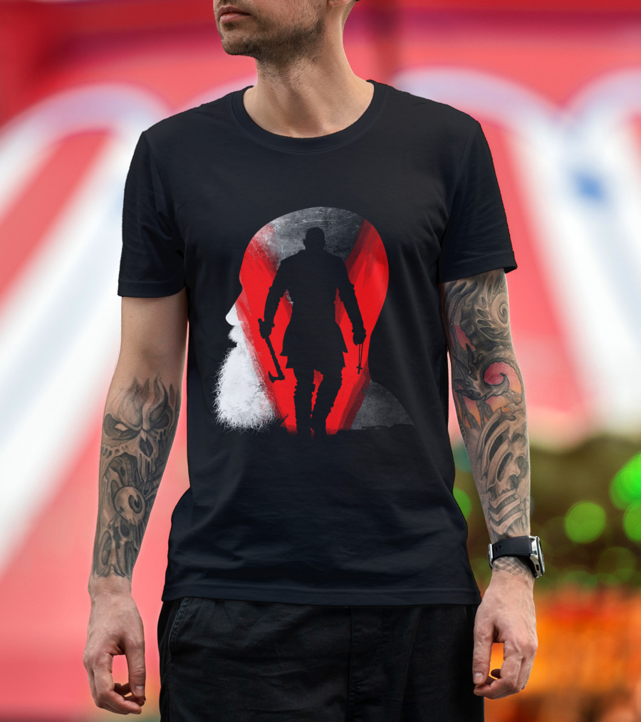 Viking Warrior Silhouette in Profile with Hammer and Beard Against Red T-Shirt