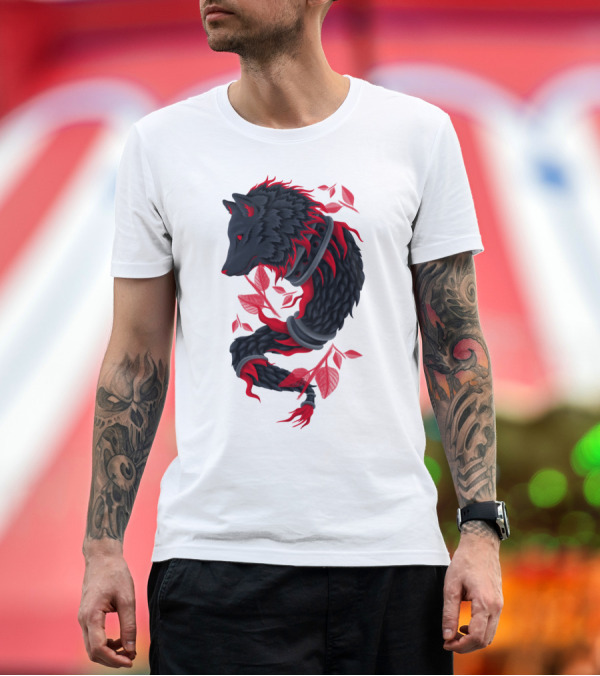 Premium T-Shirt: Draco Wolf with Red Leaves and Vines T-Shirt Draco Wolf with Red Leaves and Vines T-Shirt