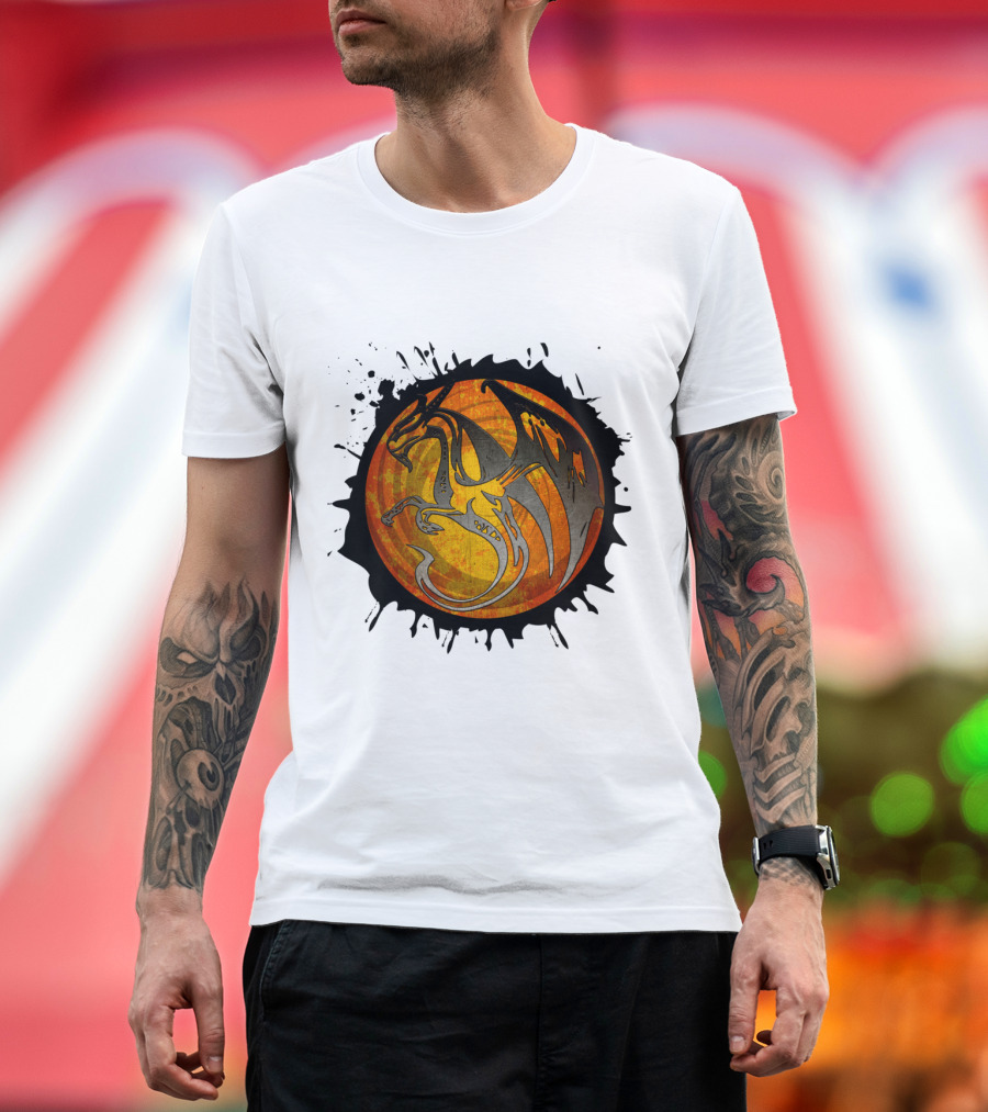 Orange Grunge Paint Splatter Dragon in Circular Emblem T-Shirt