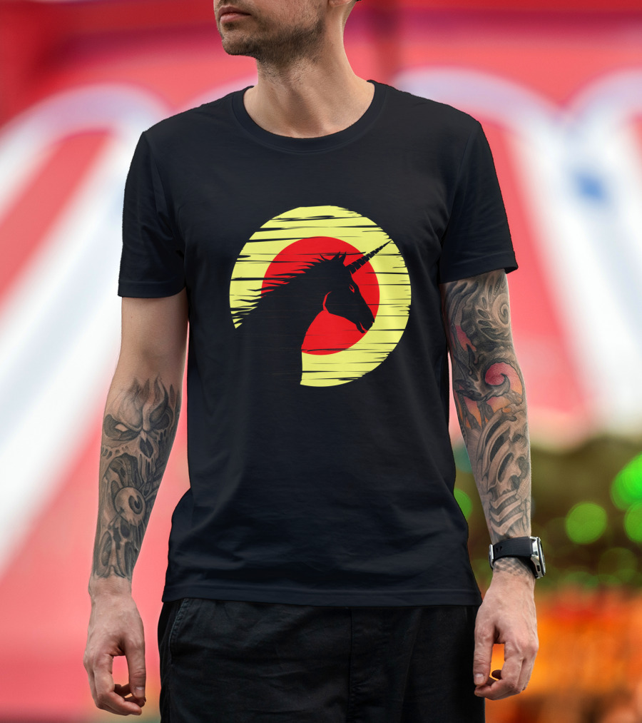 The Unicorn Horse Unicon Silhouette Against Yellow and Red Circle T-Shirt