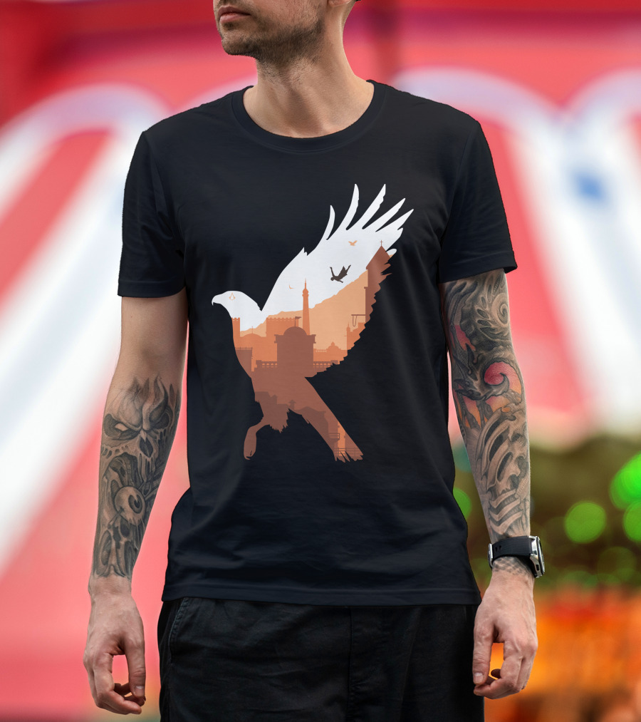 Synchronize Cityscape in Flight with Eagle Silhouette and Birds T-Shirt