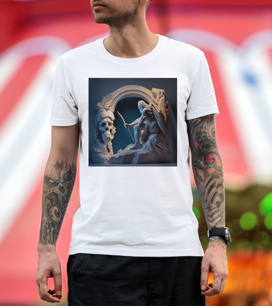 A Strong Old Man Warrior Statuesque Power in Mythical Stone Arch T-Shirt