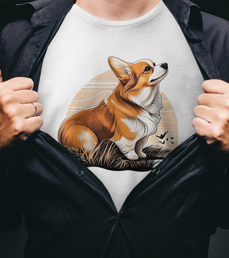 Corgi Dog Cute Sunset Scene T-Shirt