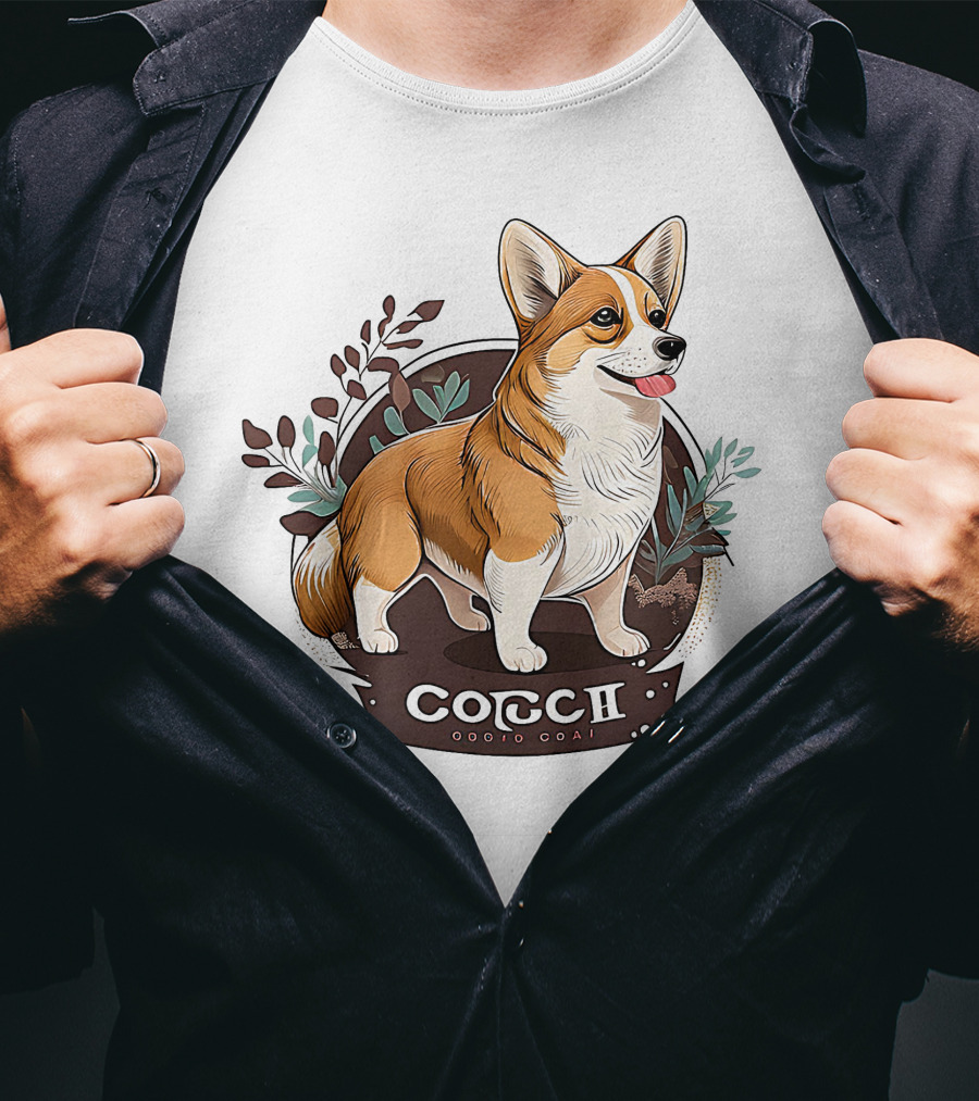 Corgi Cute Baby Dog Illustration With Floral Background T-Shirt