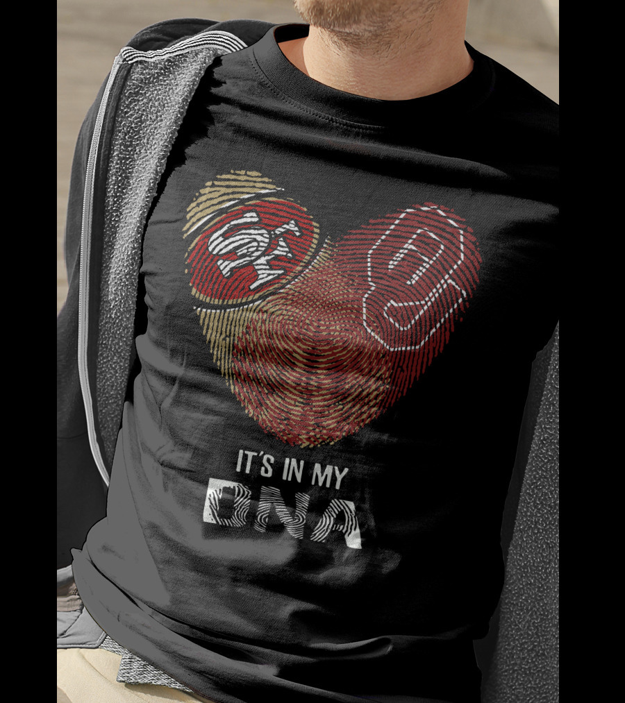 49ers Sooners It’s In My Dna Heart-Shaped Fingerprint With Logos T-Shirt