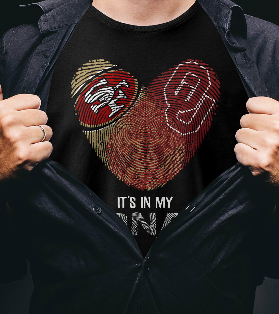 49ers Sooners It’s In My Dna Heart-Shaped Fingerprint With Logos T-Shirt